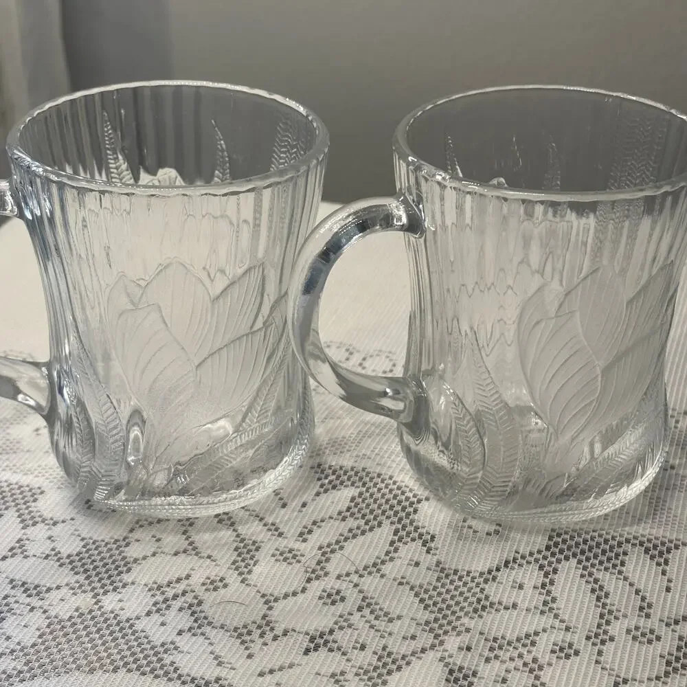 Vintage Arcoroc Canterbury Crocus France Clear Glass Mugs Set of 2 Coffee/ tea